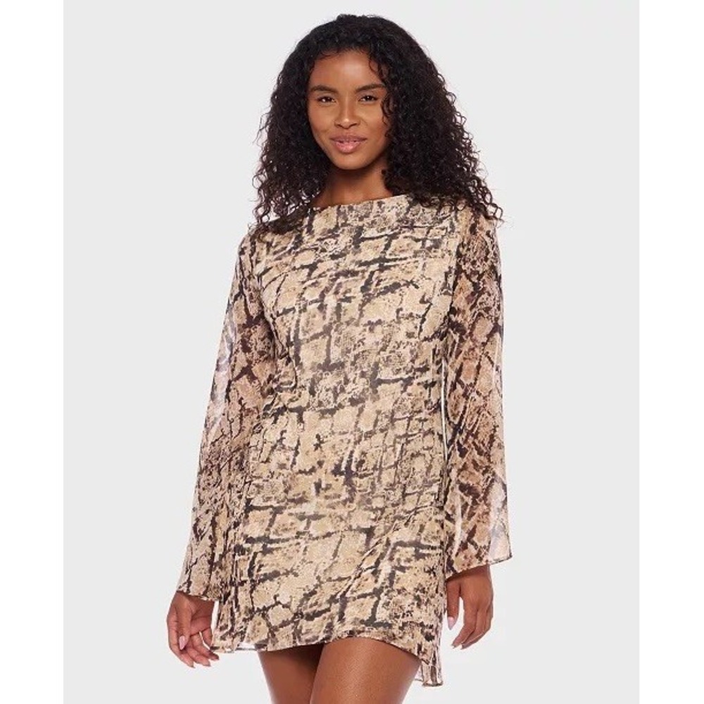 B. Darlin Mini Dress Womens 3/4 Brown Snakeskin Bell Sleeve Tie Back
